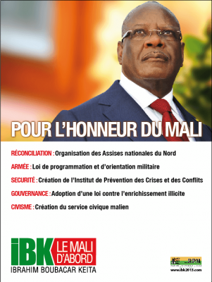 Affiche de campagne du président Ibrahim Boubacar KEITA avec quelques promesses de campagne 